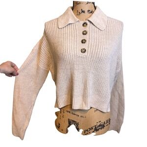 Society 212 Womens Oatmeal Ribbed Knit Button Polo Collar Cropped Sweater Small